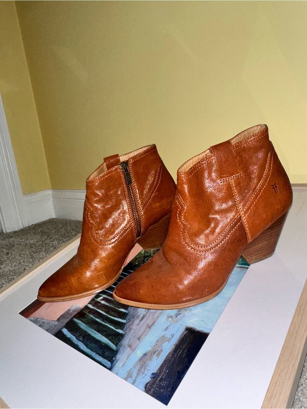 Frye Cognac Brown Leather Western Ankle Boots